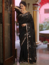 Banarasee Handwoven Semi Silk Plain Saree With Zari Border & Lace-Black