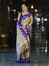 Banarasee Handloom Zari Woven Tissue Saree With Floral Satin Border-Beige & Blue