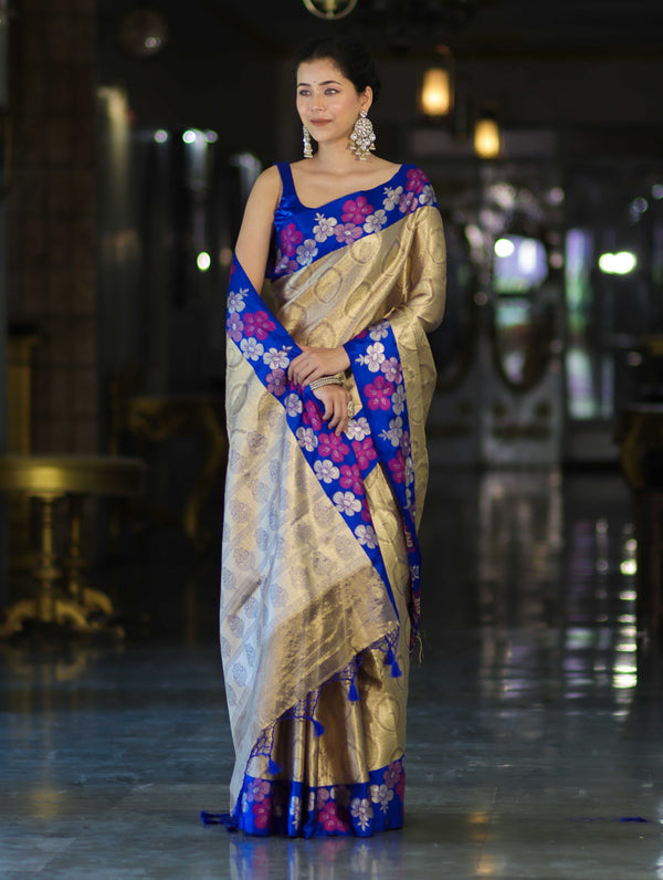 Banarasee Handloom Zari Woven Tissue Saree With Floral Satin Border-Beige & Blue