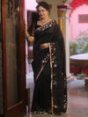 Banarasee Handwoven Semi Silk Plain Saree With Zari Border & Lace-Black
