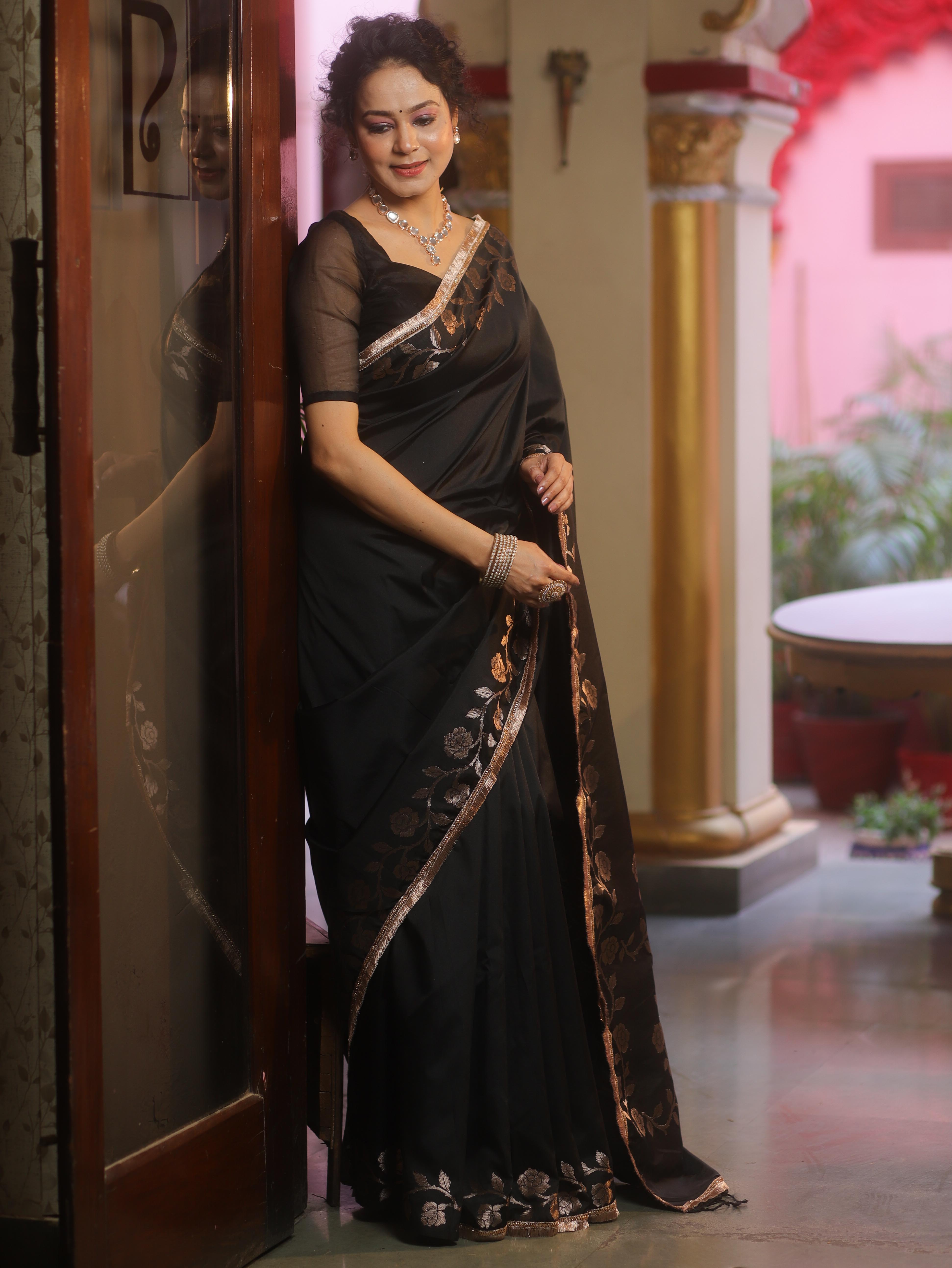 Banarasee Handwoven Semi Silk Plain Saree With Zari Border & Lace-Black