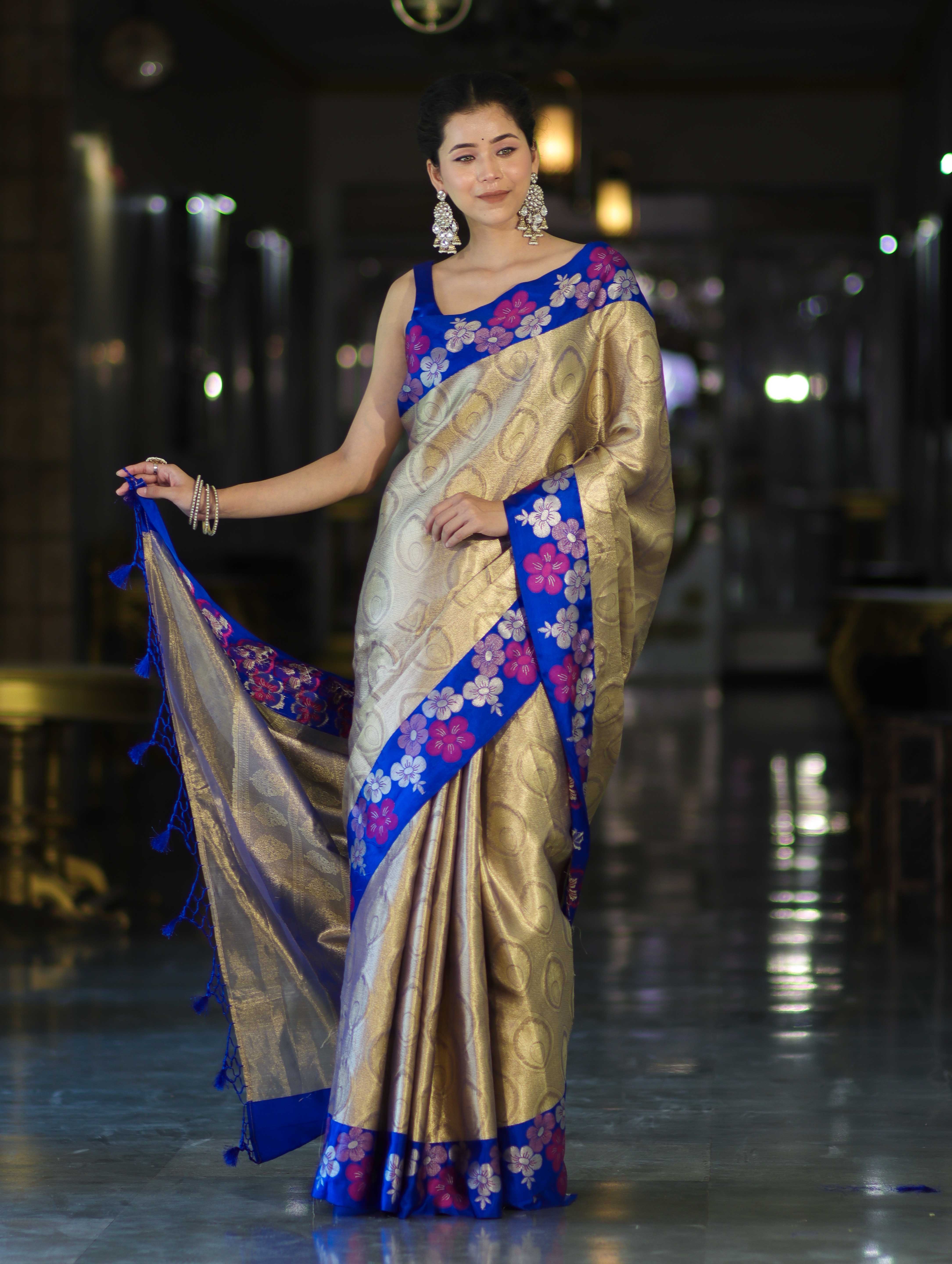 Banarasee Handloom Zari Woven Tissue Saree With Floral Satin Border-Beige & Blue