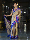 Banarasee Handloom Zari Woven Tissue Saree With Floral Satin Border-Beige & Blue