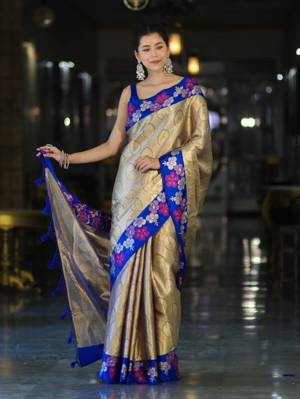 Banarasee Handloom Zari Woven Tissue Saree With Floral Satin Border-Beige & Blue