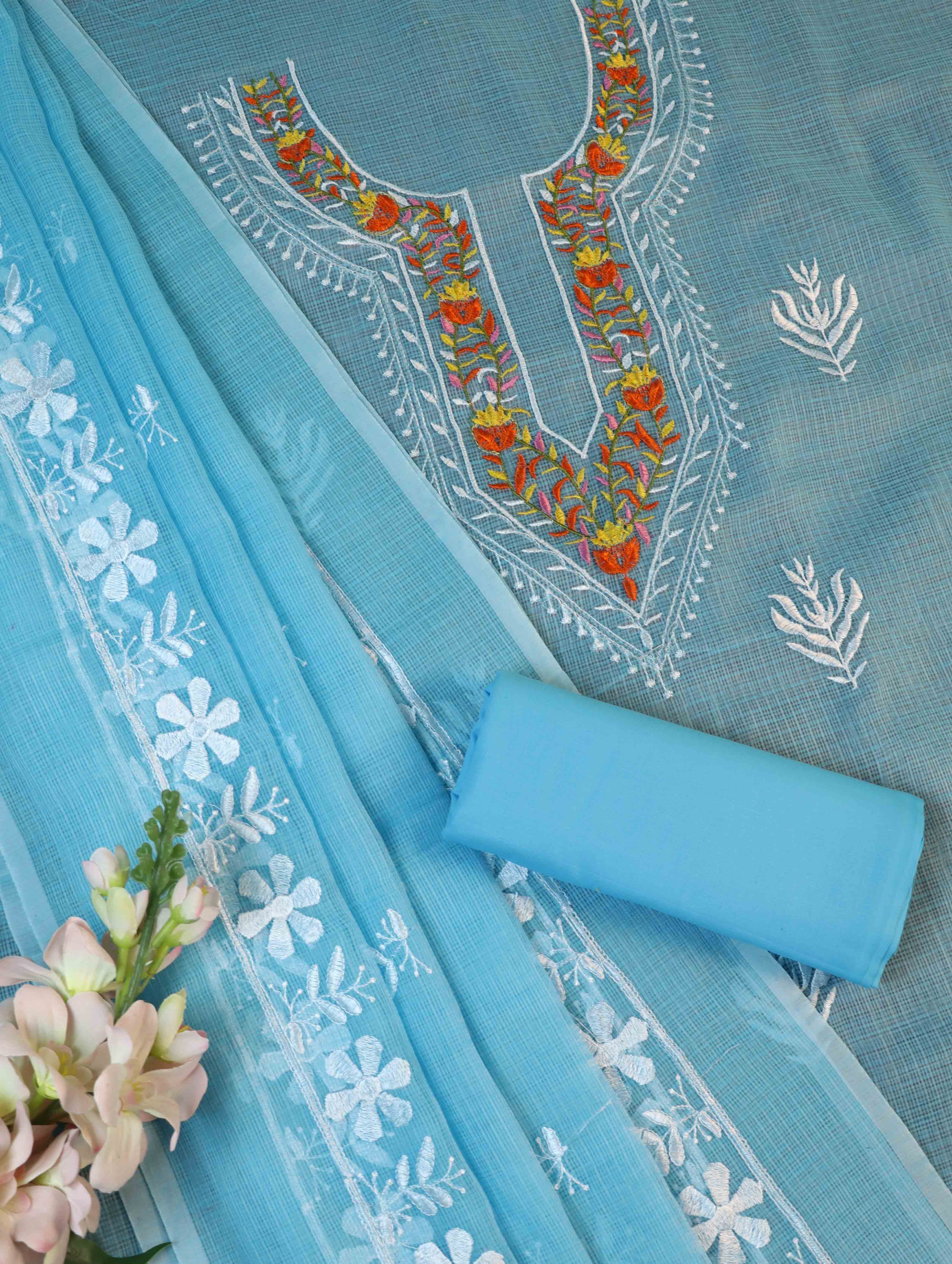 Banarasee Kota Doria Hand-Embroidered Salwar Kameez Dupatta Set-Light Blue