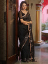 Banarasee Handwoven Semi Silk Plain Saree With Zari Border & Lace-Black