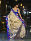 Banarasee Handloom Zari Woven Tissue Saree With Floral Satin Border-Beige & Blue