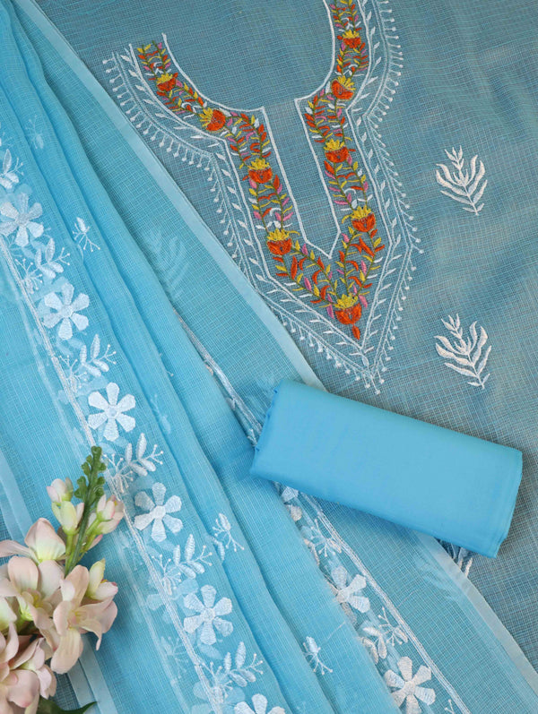 Banarasee Kota Doria Hand-Embroidered Salwar Kameez Dupatta Set-Light Blue