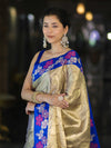 Banarasee Handloom Zari Woven Tissue Saree With Floral Satin Border-Beige & Blue