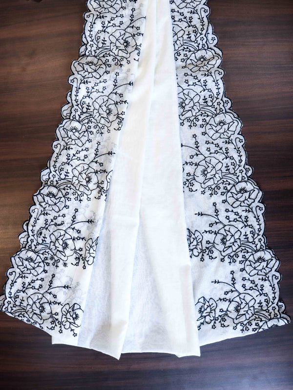 Banarasee Semi-Stitched Mul Cotton Salwar Kameez Set With Cotton Silk Dupatta-White