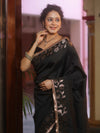Banarasee Handwoven Semi Silk Plain Saree With Zari Border & Lace-Black