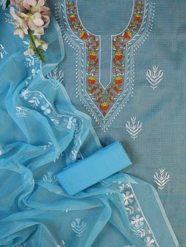 Banarasee Kota Doria Hand-Embroidered Salwar Kameez Dupatta Set-Light Blue