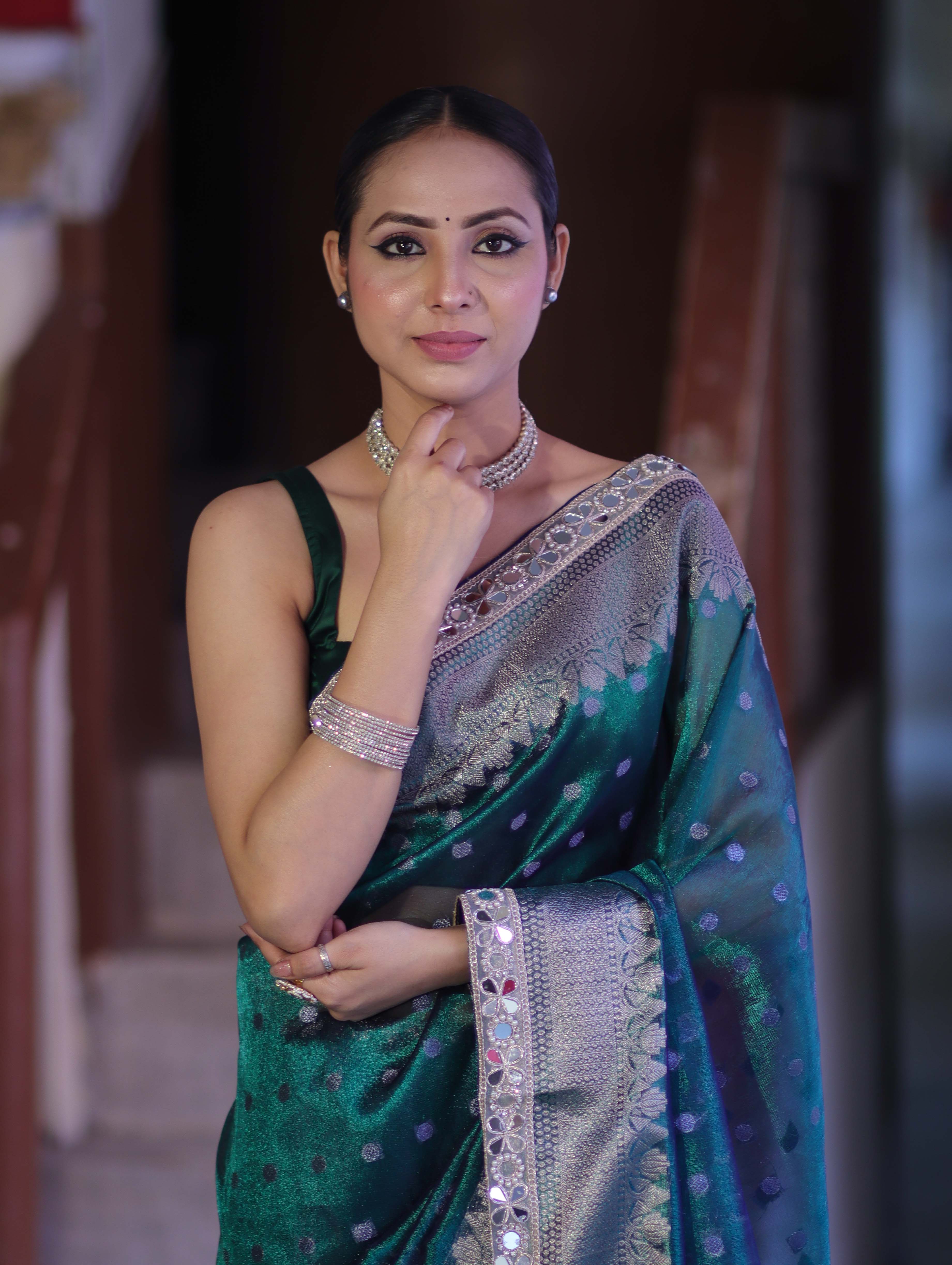 Banarasee Handloom Tissue Saree With Buti Design Zari Border & Lace-Green
