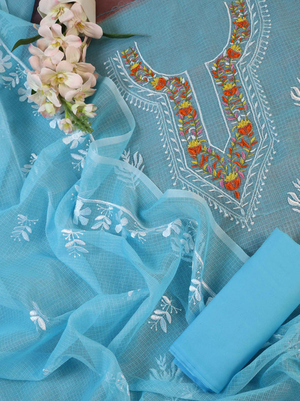 Banarasee Kota Doria Hand-Embroidered Salwar Kameez Dupatta Set-Light Blue