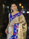 Banarasee Handloom Zari Woven Tissue Saree With Floral Satin Border-Beige & Blue