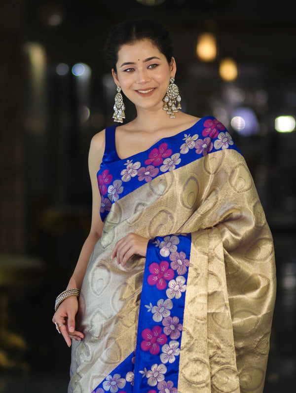 Banarasee Handloom Zari Woven Tissue Saree With Floral Satin Border-Beige & Blue
