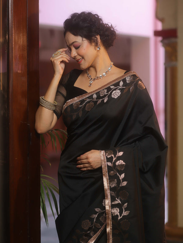 Banarasee Handwoven Semi Silk Plain Saree With Zari Border & Lace-Black