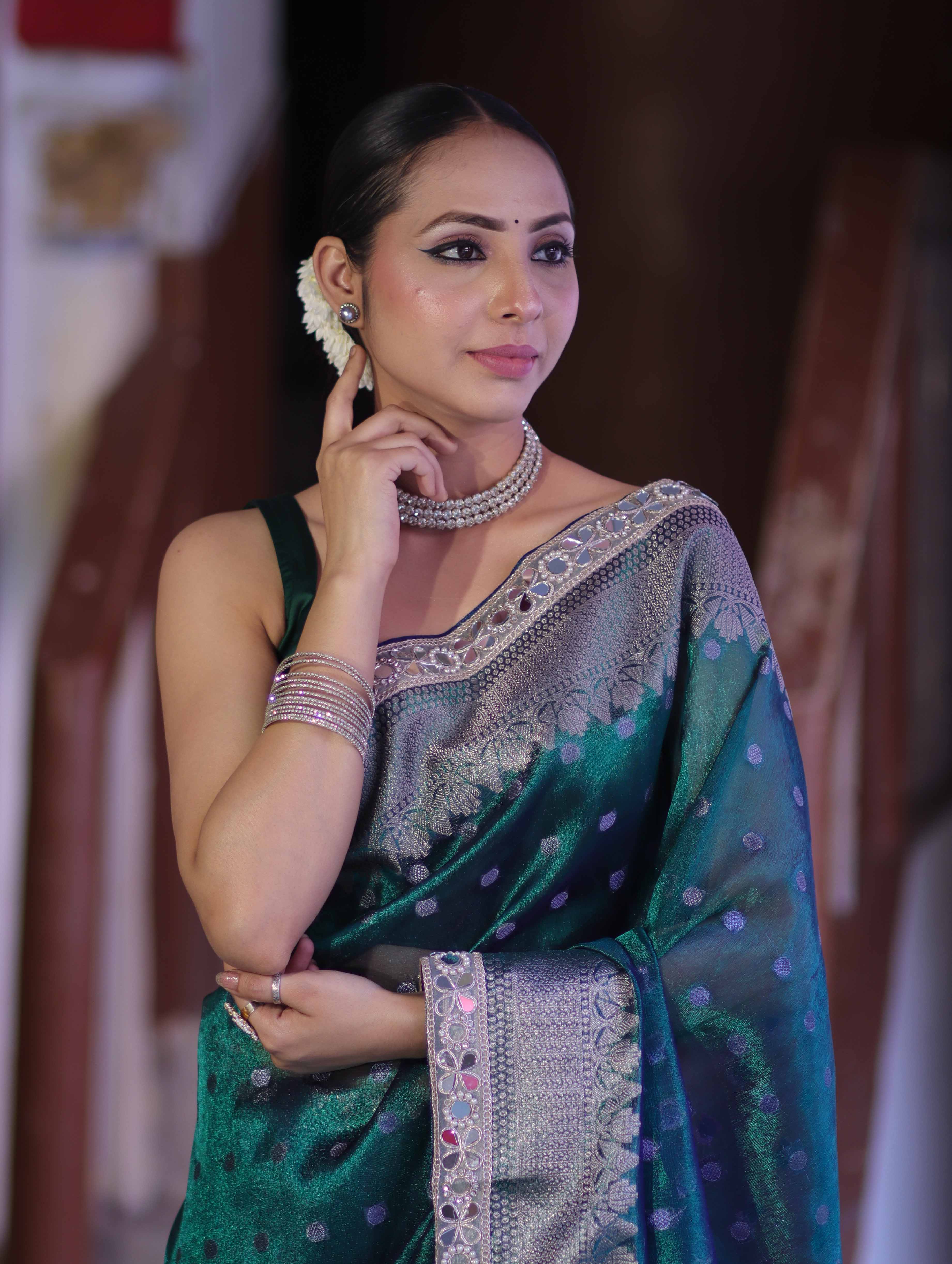 Banarasee Handloom Tissue Saree With Buti Design Zari Border & Lace-Green