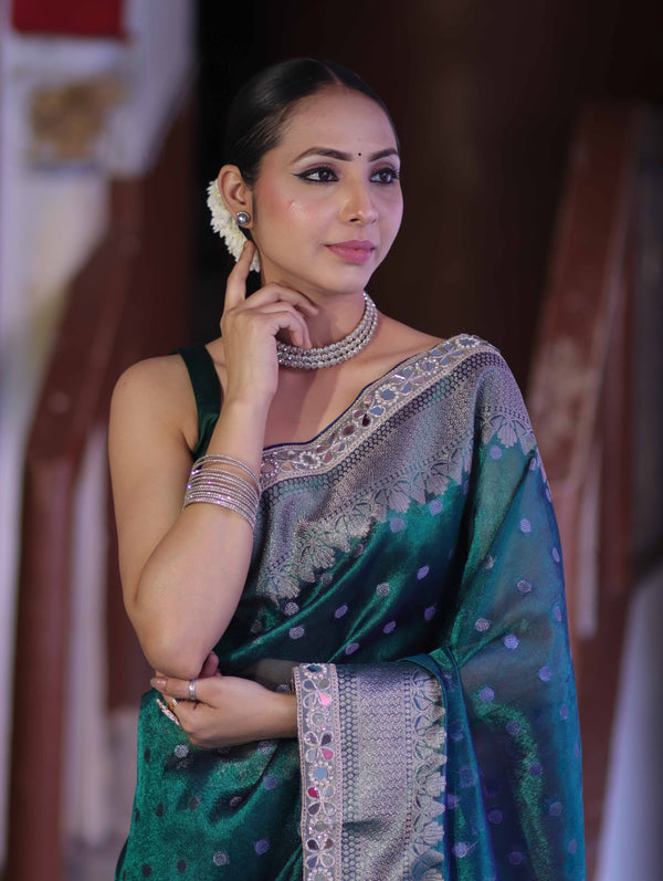 Banarasee Handloom Tissue Saree With Buti Design Zari Border & Lace-Green