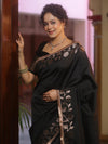 Banarasee Handwoven Semi Silk Plain Saree With Zari Border & Lace-Black