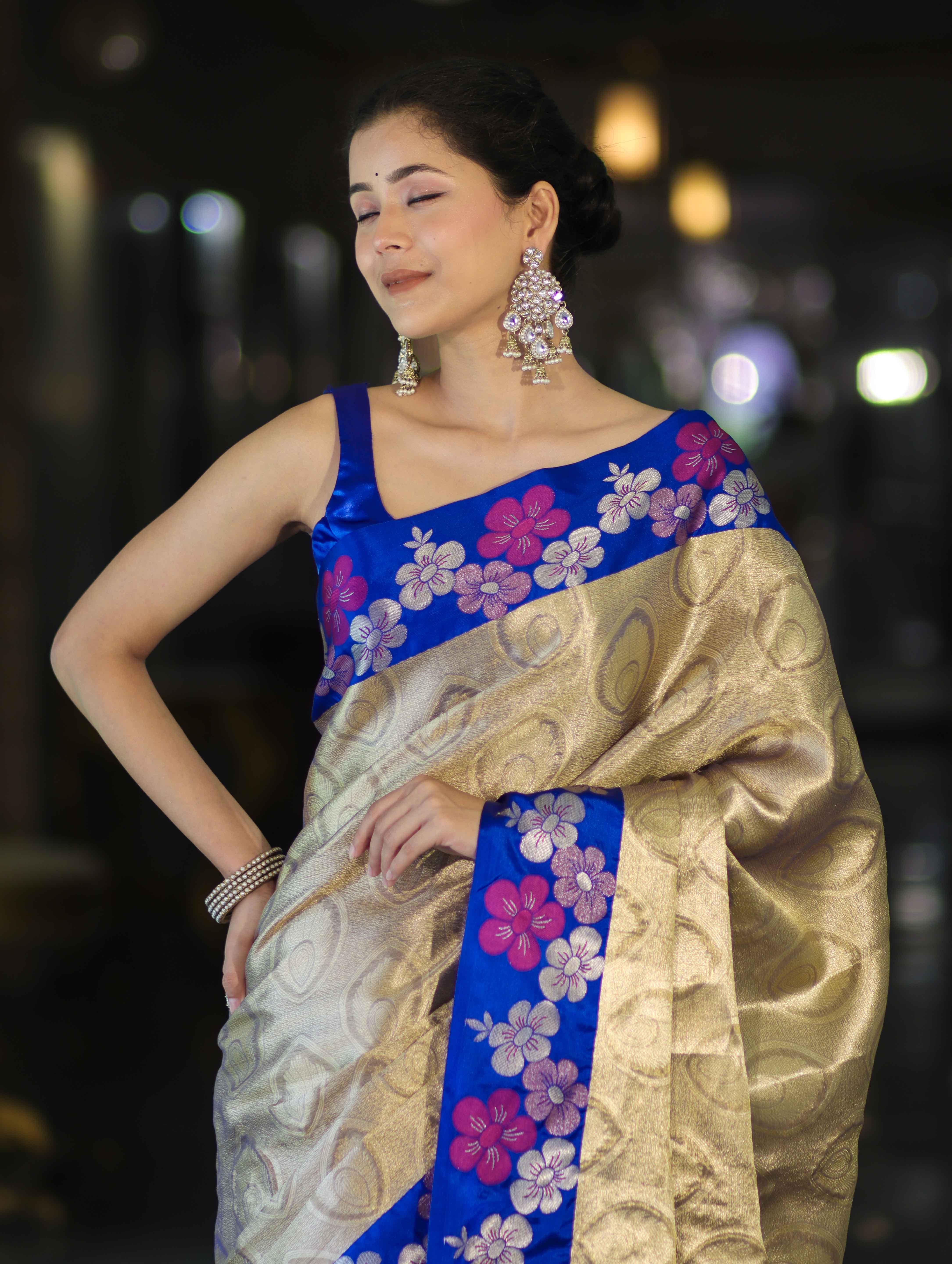 Banarasee Handloom Zari Woven Tissue Saree With Floral Satin Border-Beige & Blue
