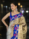 Banarasee Handloom Zari Woven Tissue Saree With Floral Satin Border-Beige & Blue