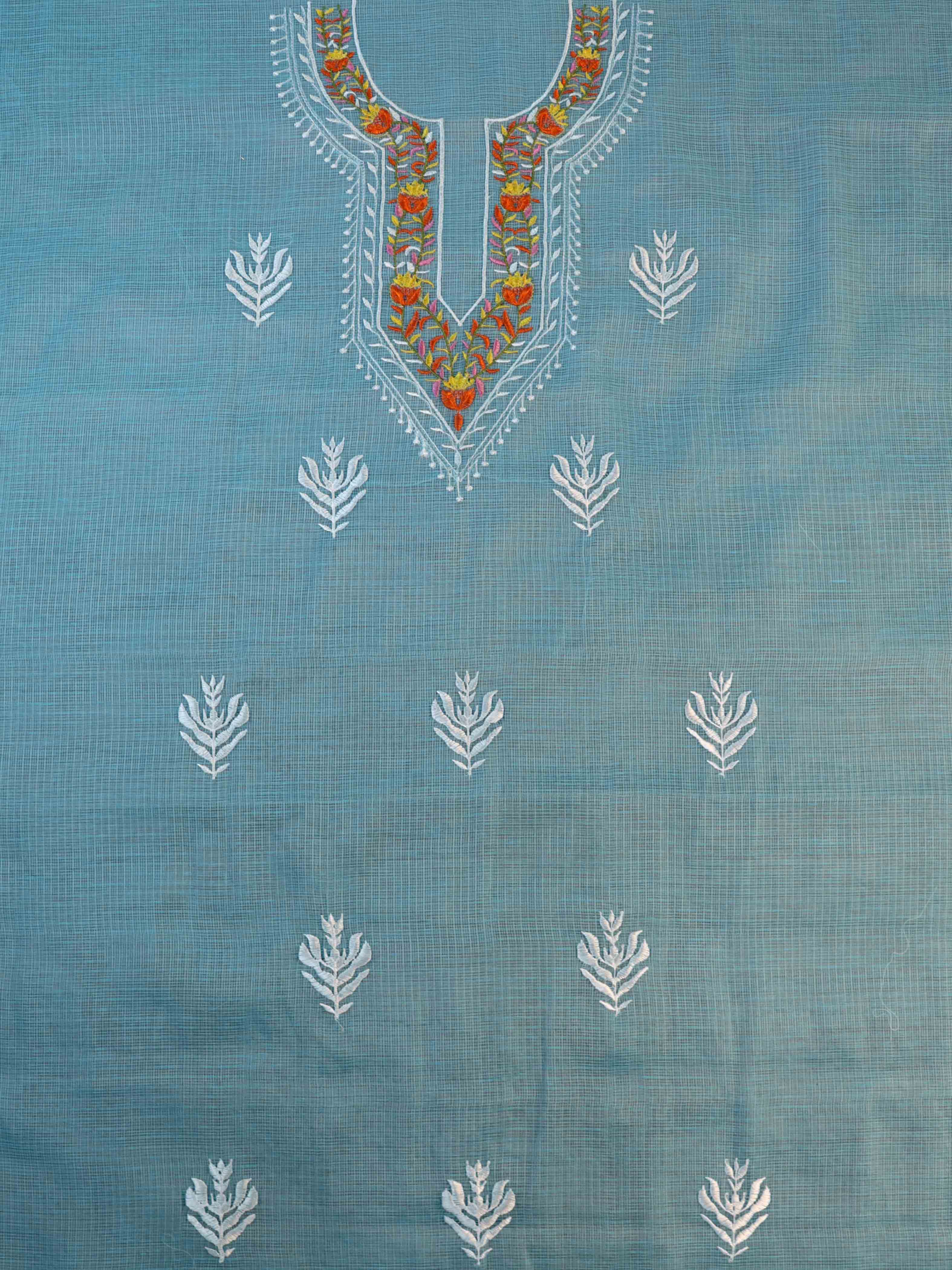 Banarasee Kota Doria Hand-Embroidered Salwar Kameez Dupatta Set-Light Blue