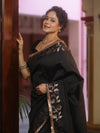 Banarasee Handwoven Semi Silk Plain Saree With Zari Border & Lace-Black