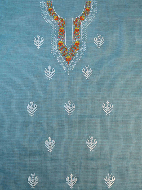 Banarasee Kota Doria Hand-Embroidered Salwar Kameez Dupatta Set-Light Blue