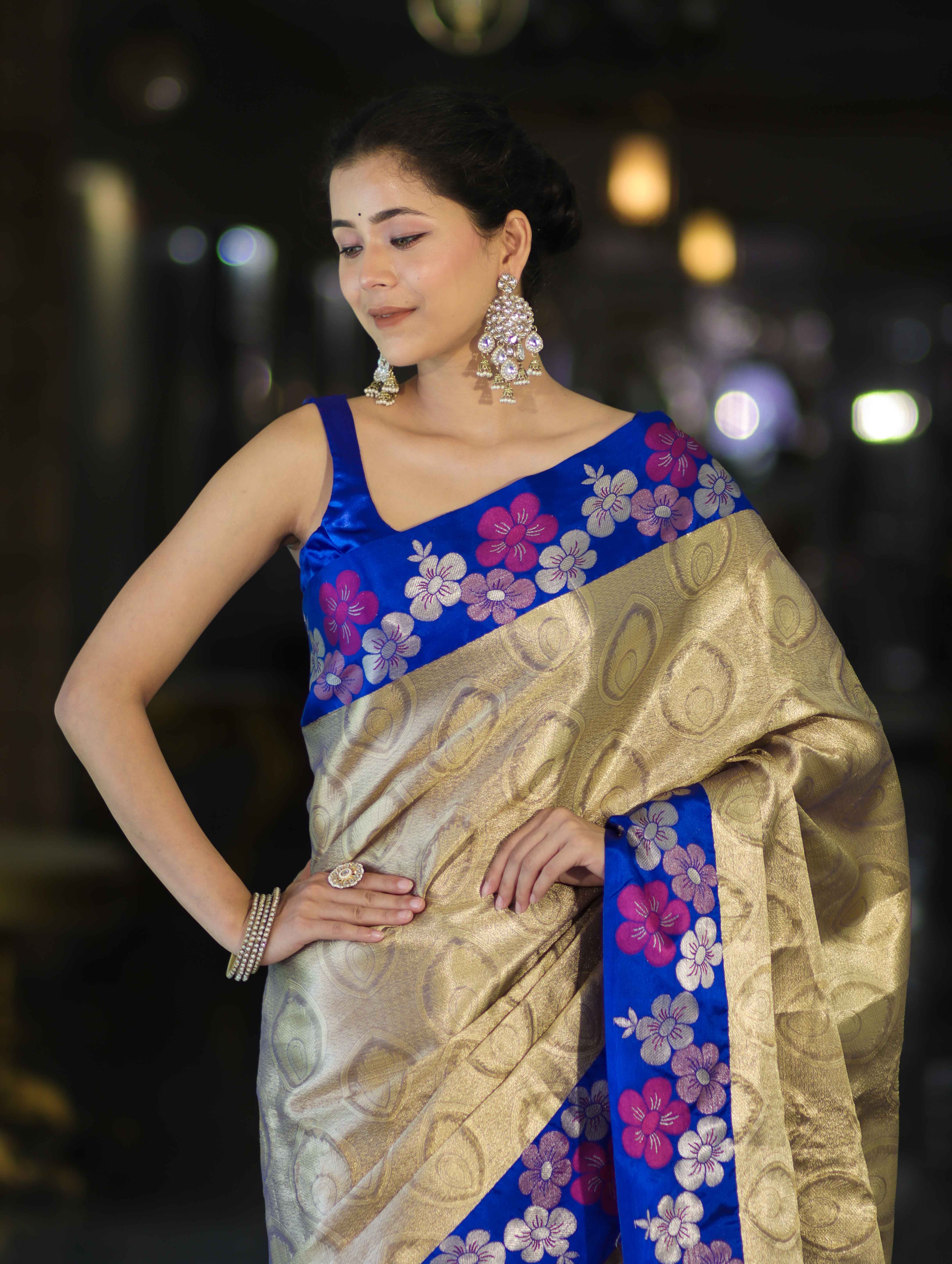 Banarasee Handloom Zari Woven Tissue Saree With Floral Satin Border-Beige & Blue
