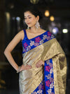 Banarasee Handloom Zari Woven Tissue Saree With Floral Satin Border-Beige & Blue