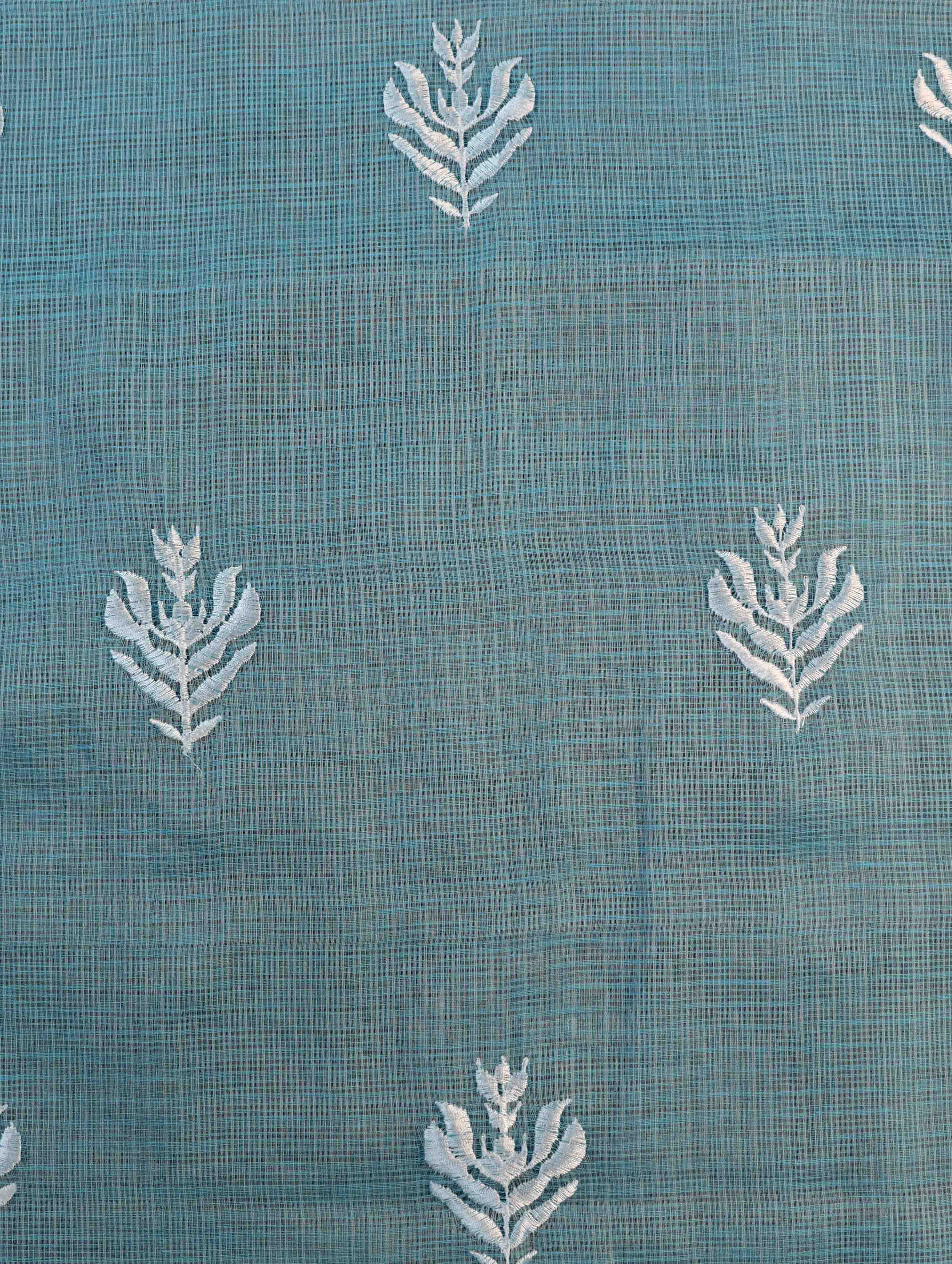 Banarasee Kota Doria Hand-Embroidered Salwar Kameez Dupatta Set-Light Blue