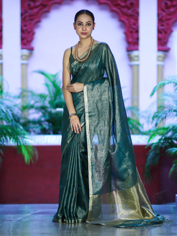 Bhagalpur Handloom Linen Tissue Metallic Shine Saree-Green