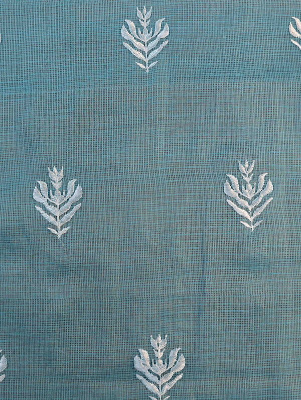 Banarasee Kota Doria Hand-Embroidered Salwar Kameez Dupatta Set-Light Blue