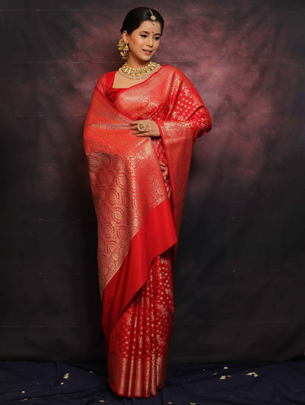 Banarasee Handwoven Semi Silk Saree With Zari Buti Design-Red
