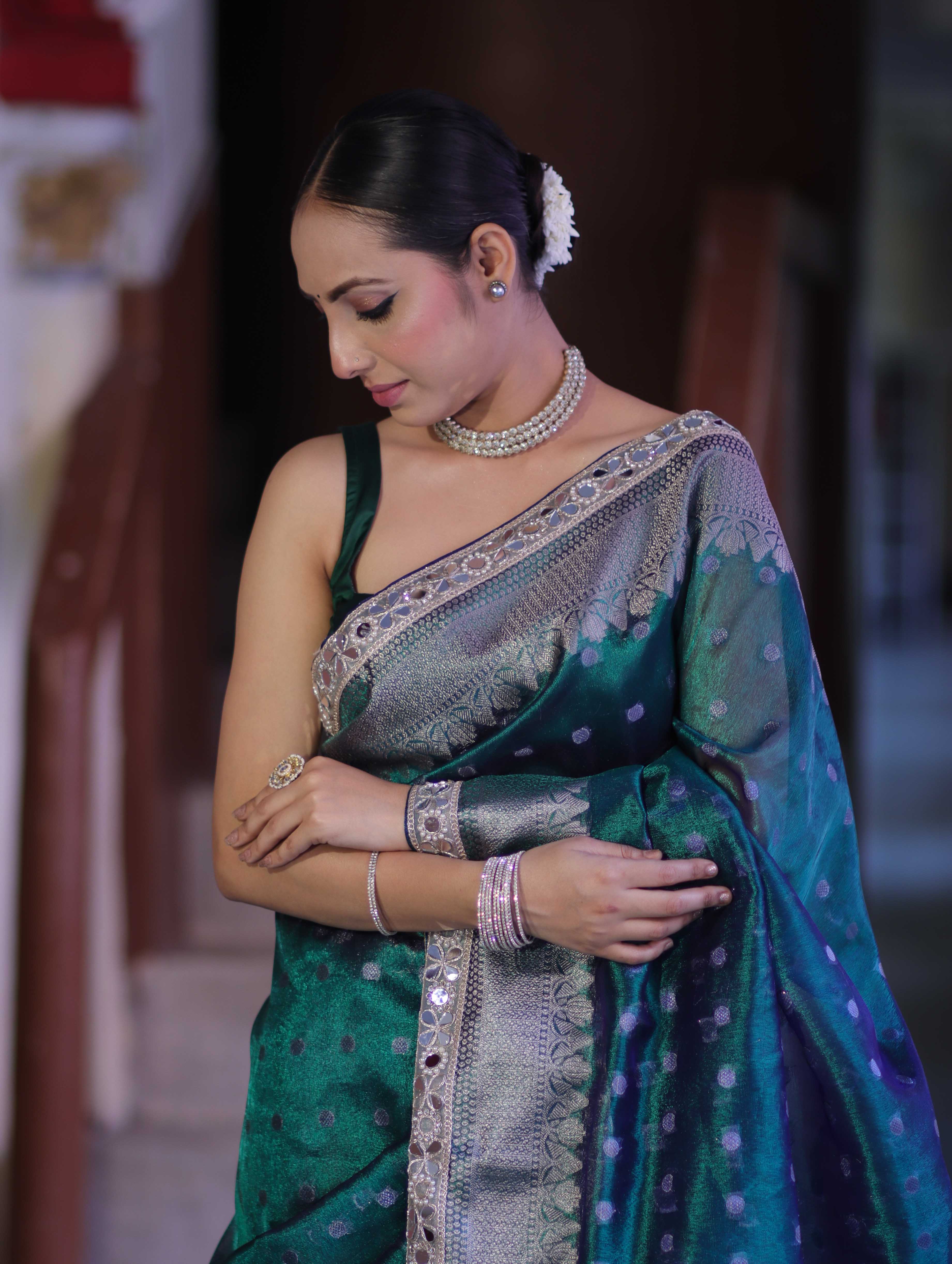 Banarasee Handloom Tissue Saree With Buti Design Zari Border & Lace-Green