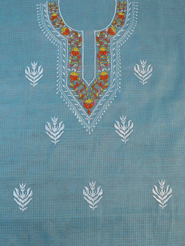 Banarasee Kota Doria Hand-Embroidered Salwar Kameez Dupatta Set-Light Blue