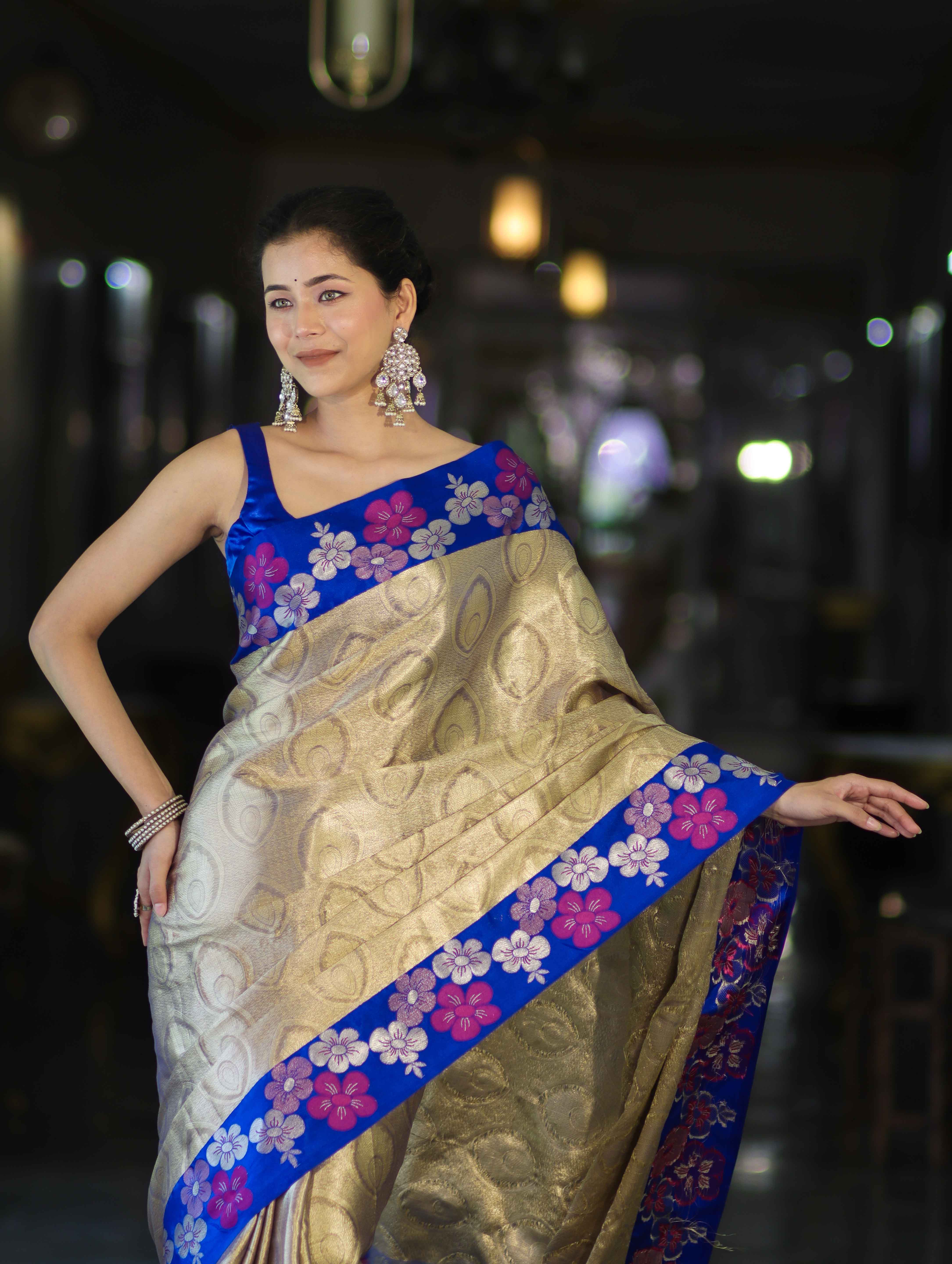 Banarasee Handloom Zari Woven Tissue Saree With Floral Satin Border-Beige & Blue