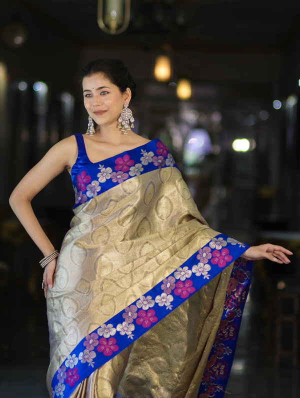Banarasee Handloom Zari Woven Tissue Saree With Floral Satin Border-Beige & Blue