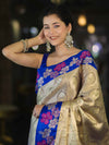 Banarasee Handloom Zari Woven Tissue Saree With Floral Satin Border-Beige & Blue
