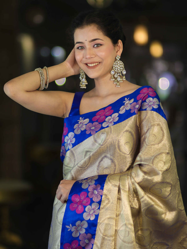 Banarasee Handloom Zari Woven Tissue Saree With Floral Satin Border-Beige & Blue