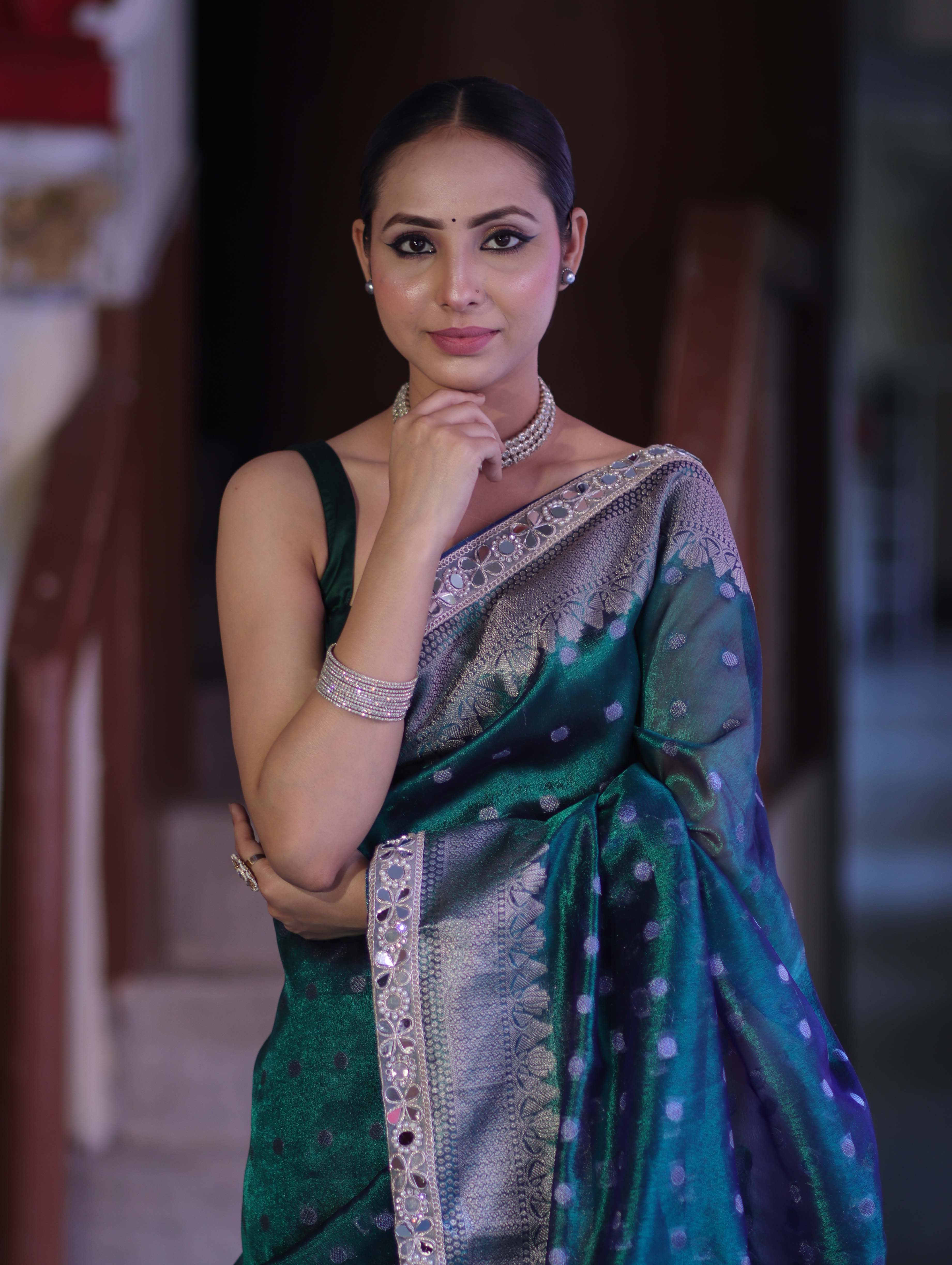 Banarasee Handloom Tissue Saree With Buti Design Zari Border & Lace-Green
