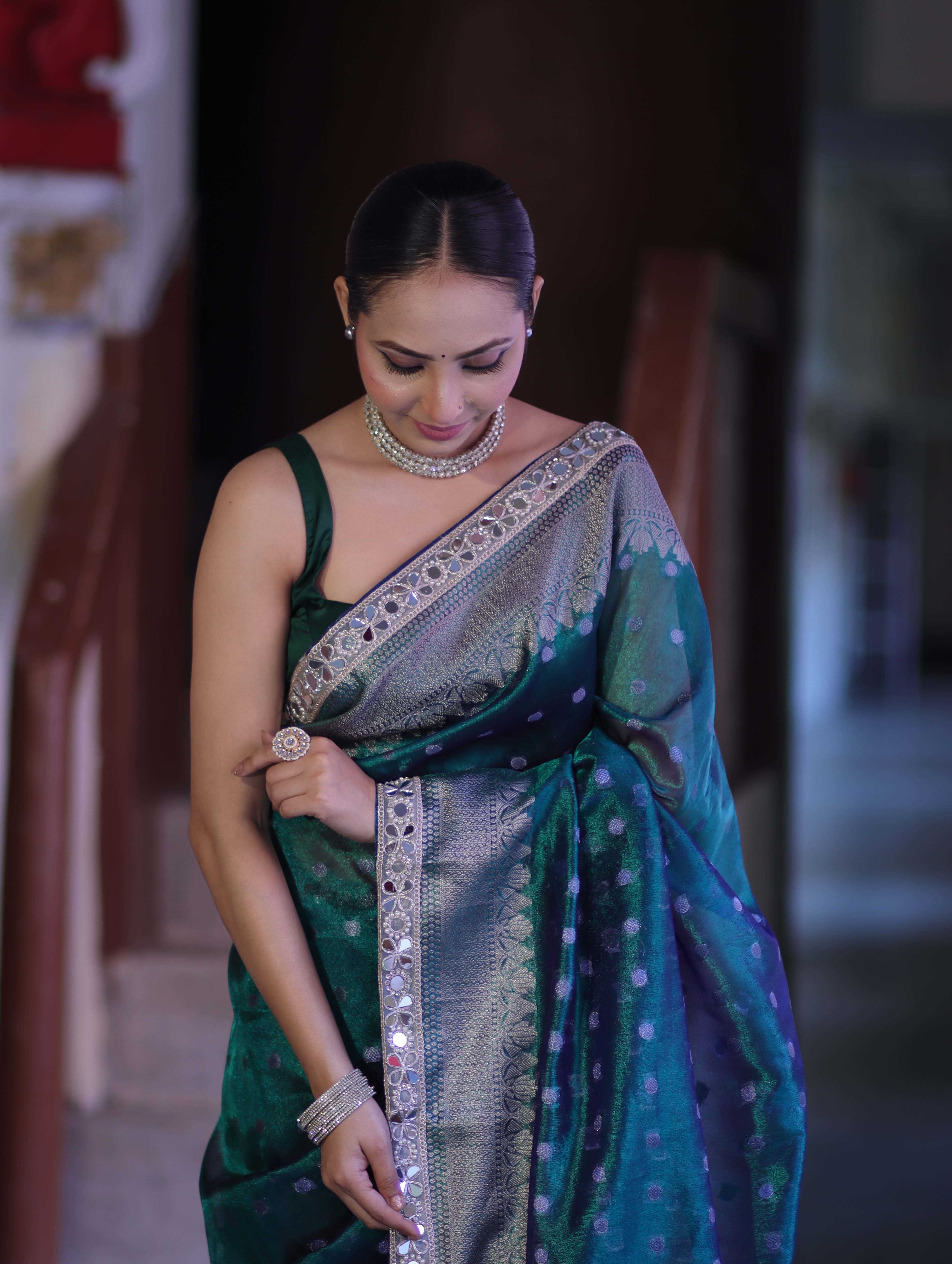 Banarasee Handloom Tissue Saree With Buti Design Zari Border & Lace-Green
