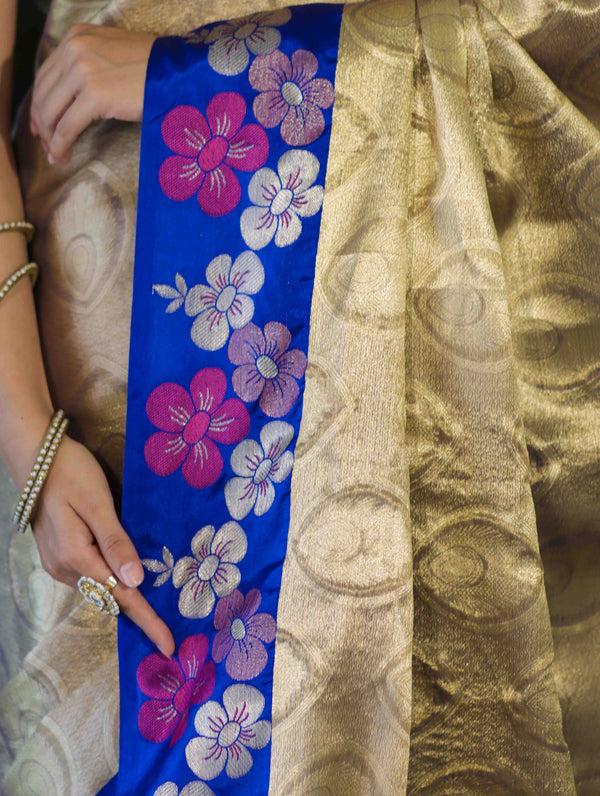 Banarasee Handloom Zari Woven Tissue Saree With Floral Satin Border-Beige & Blue
