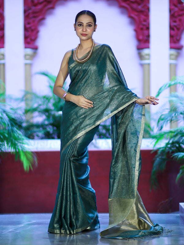 Bhagalpur Handloom Linen Tissue Metallic Shine Saree-Green