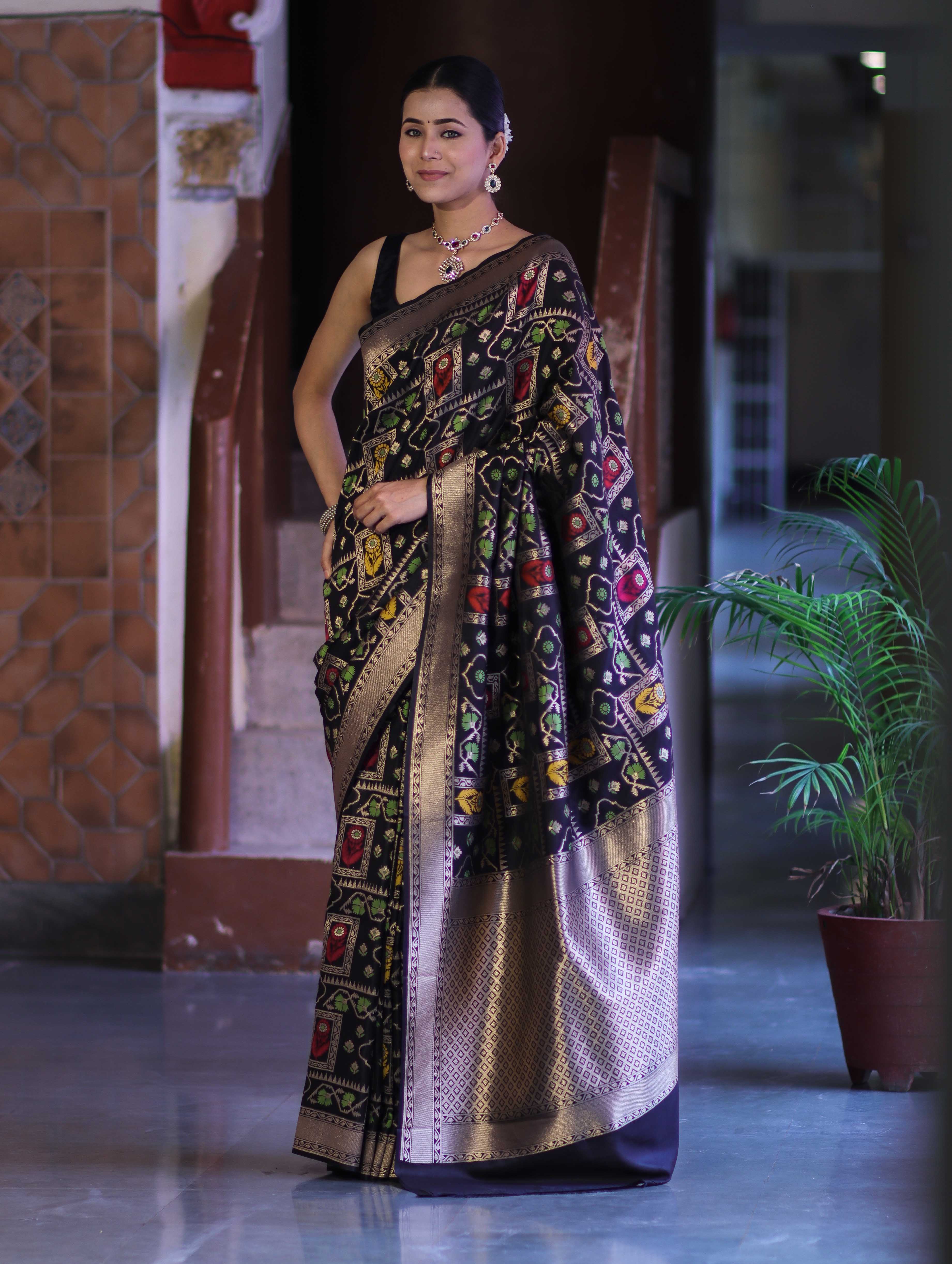 Banarasee Handloom Semi Katan Meena Work Saree-Black