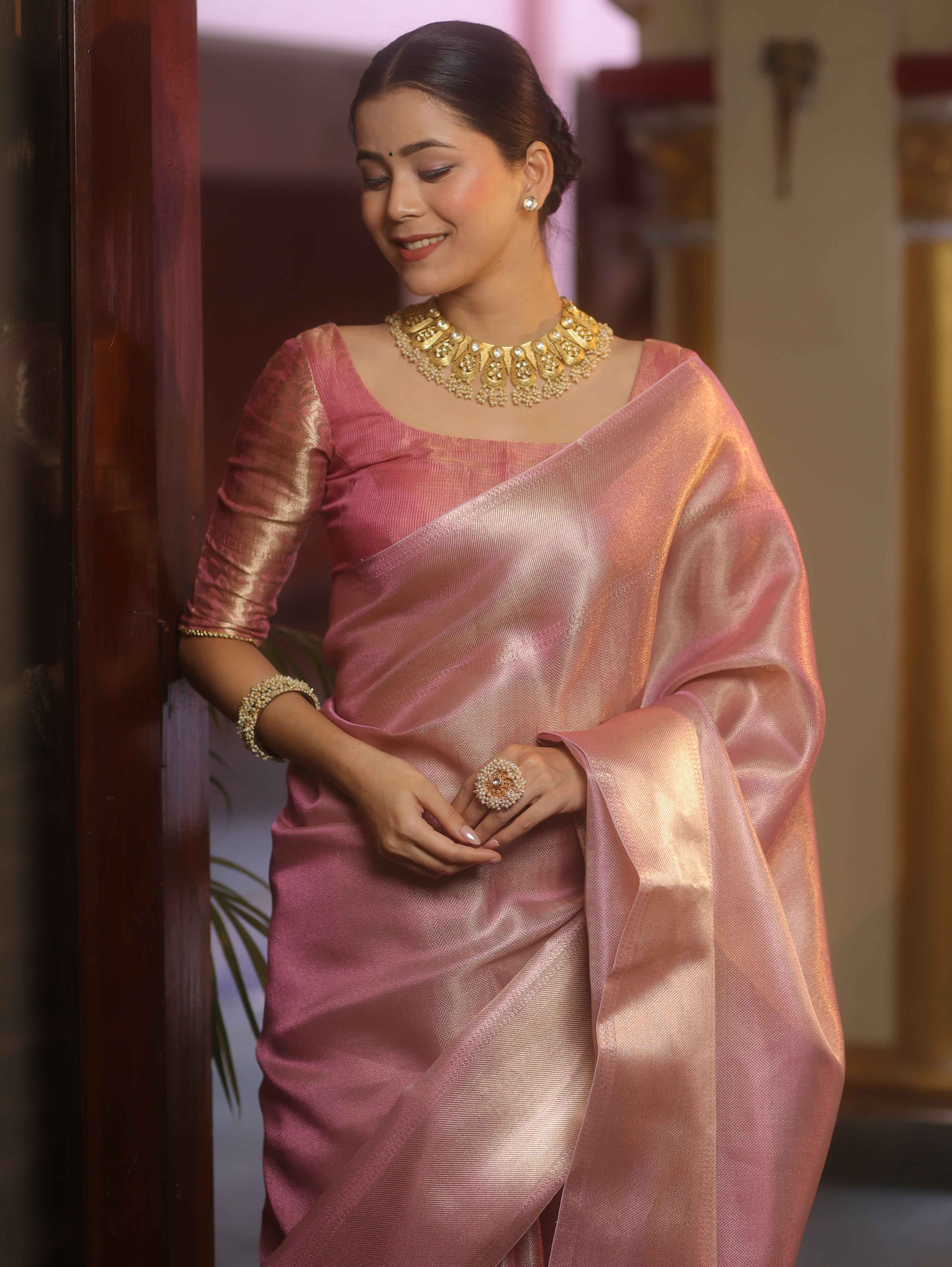 Banarasee Handwoven Tissue Zari Saree-Pink