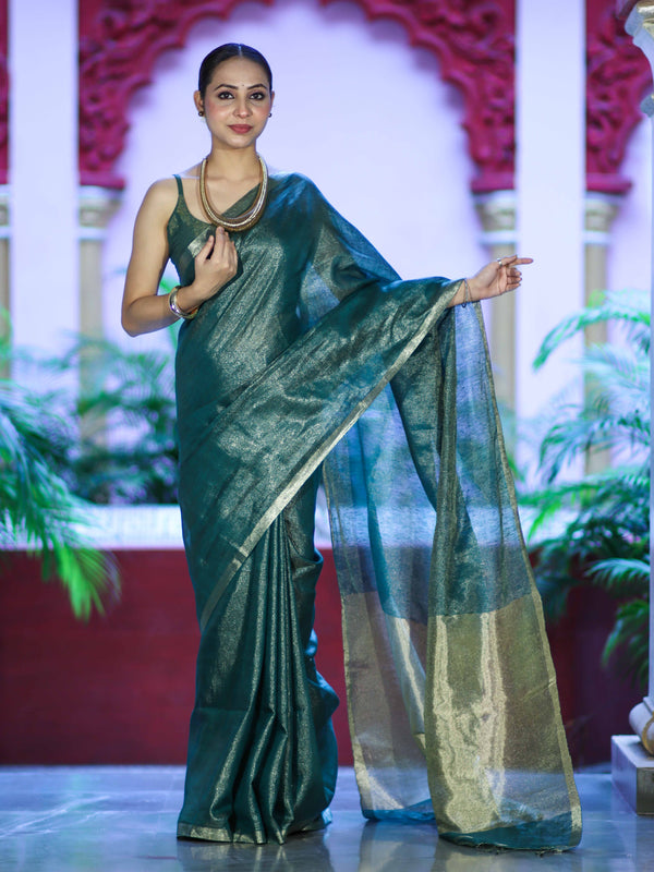 Bhagalpur Handloom Linen Tissue Metallic Shine Saree-Green