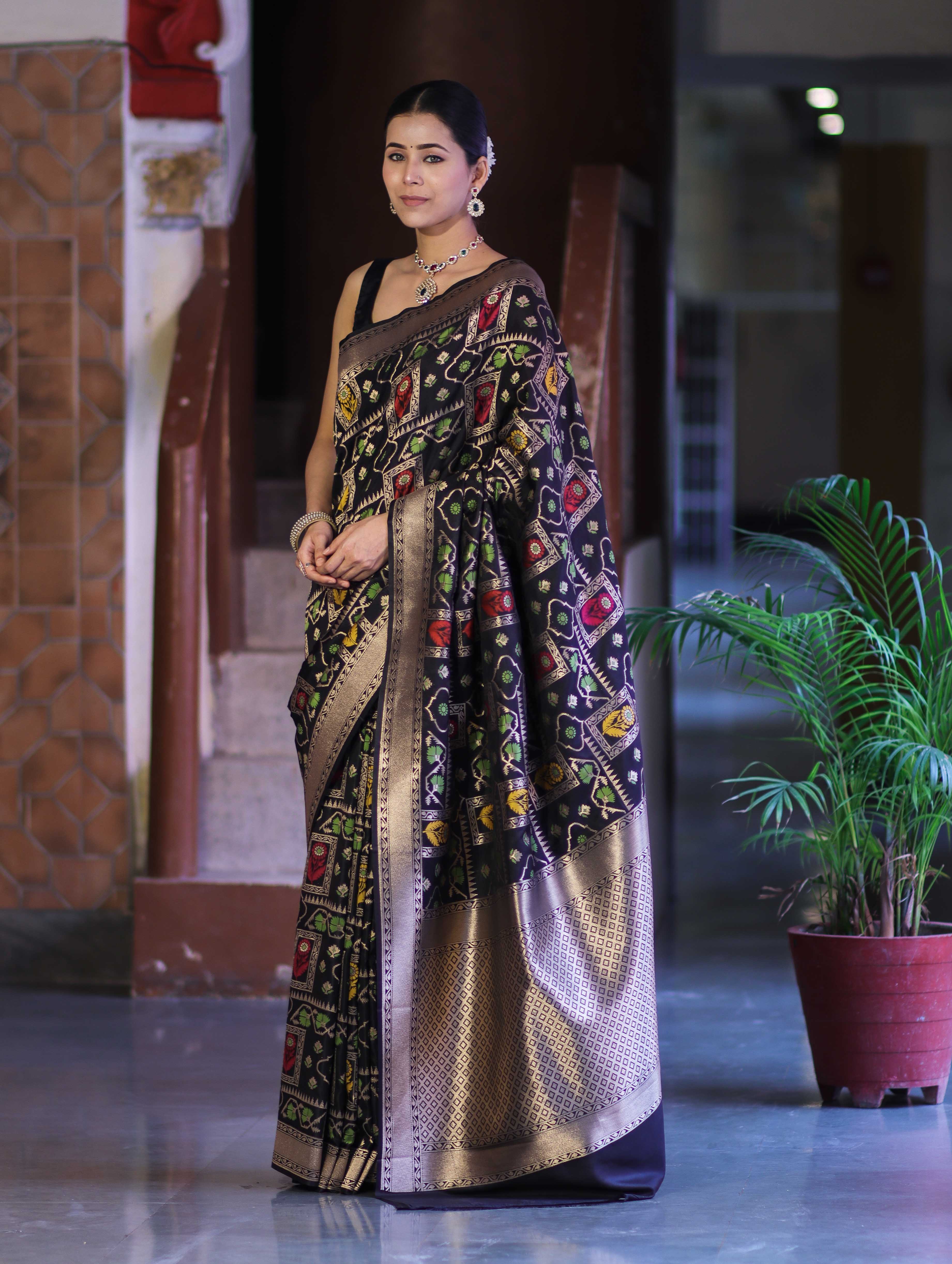 Banarasee Handloom Semi Katan Meena Work Saree-Black