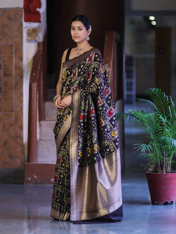 Banarasee Handloom Semi Katan Meena Work Saree-Black